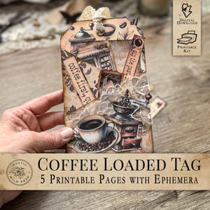 Printable Vintage Coffee Loaded Pocket Tags – Rustic Cafe Ephemera – Digital Junk Journal & Scrapbook Craft Kit