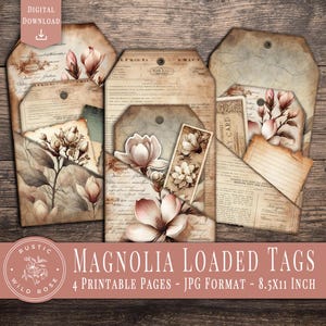 Printable Magnolia Loaded Tags – Vintage Floral Ephemera – Shabby Chic Junk Journal Digital Download for Scrapbooking