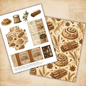 Cinnamon Rolls printable matchbox kit with Victorian bakery ephemera, recipe cards, decorative clipart, patterned papers, and collectible printable papers.