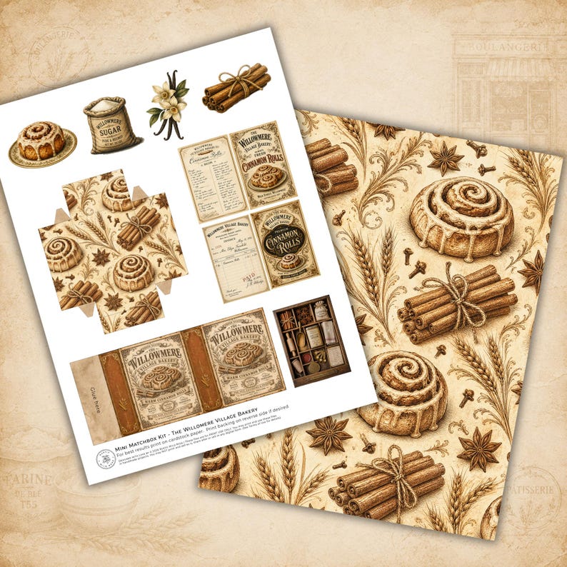 Cinnamon Rolls printable matchbox kit with Victorian bakery ephemera, recipe cards, decorative clipart, patterned papers, and collectible printable papers.