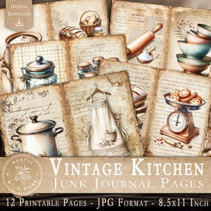 Páginas de diário de cozinha vintage | Papel para impressão digital | Utensílios de cozinha retrô | Suprimentos para scrapbook e artesanato | Download instantâneo