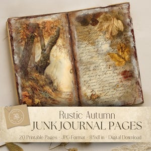 Puede incluir: Páginas abiertas de un diario basura con temática otoñal. La página izquierda presenta una escena de bosque con árboles y follaje de otoño. La página derecha tiene escritura a mano y hojas secas. El diario se titula "Rustic Autumn Junk Journal Pages".