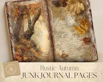 May include: Open junk journal pages with an autumn theme. The left page features a forest scene with trees and fall foliage. The right page has handwritten script and dried leaves. The journal is labeled "Rustic Autumn Junk Journal Pages".