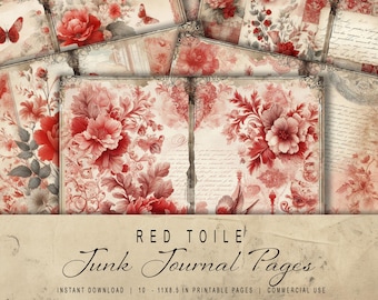 Printable Red Toile Junk Journal Pages – Vintage French-Inspired Paper – Digital Download for Journals & Crafts