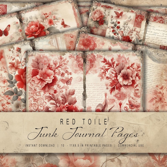 Junk Journal Victorian Digital Kits, Red Toile Printable