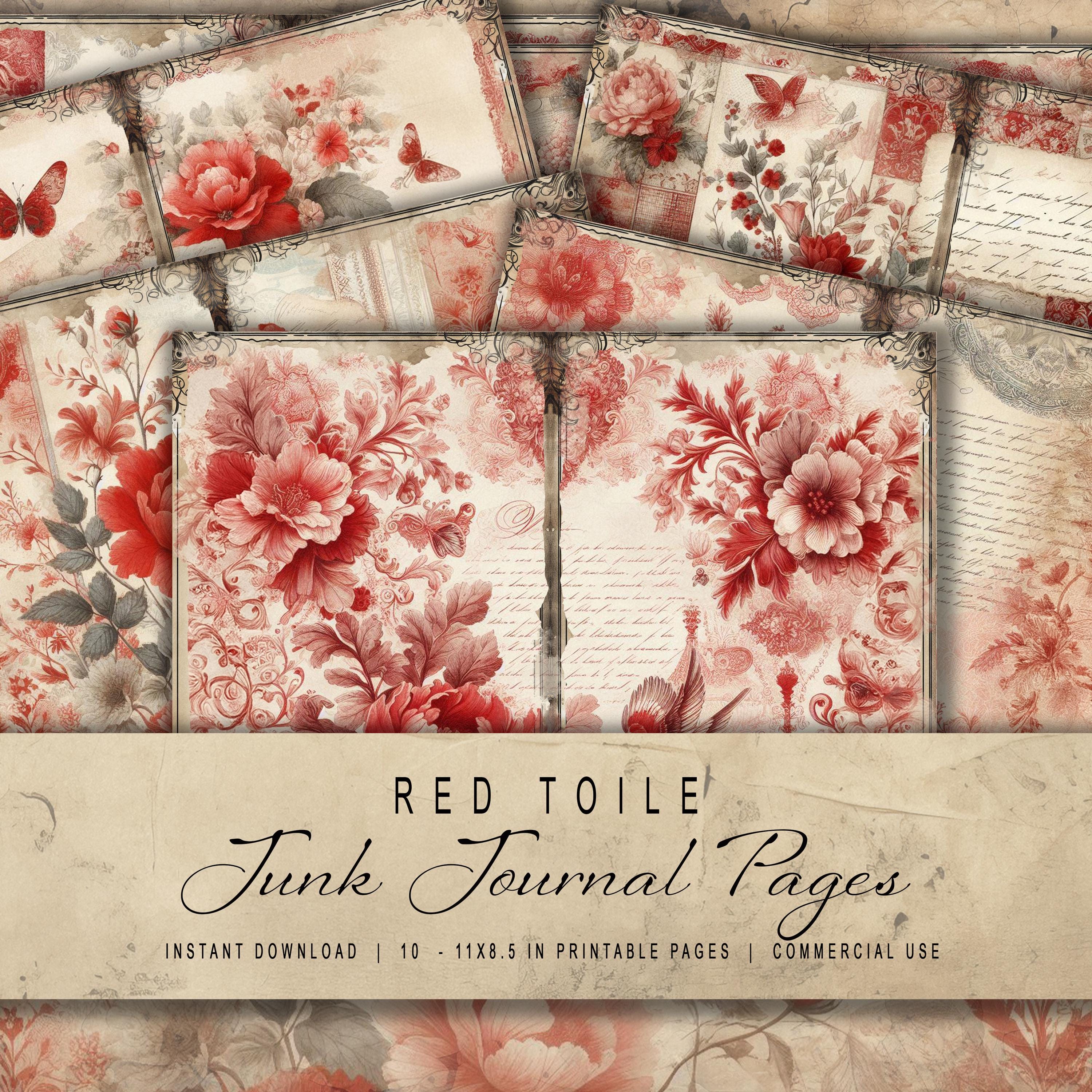junkjournal【antique Red】 Junk Journal Victorian Digital Kits, Red Toile Printable