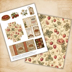 Strawberry Tart printable matchbox kit featuring vintage bakery ephemera, recipe cards, clipart, patterned papers, and miniature paper crafting supplies.