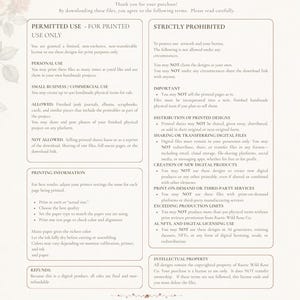 以下が含まれることがあります： Rustic Wild Rose Co.のデジタル製品に関する利用規約（Terms of Use）が記載された文書。個人および小規模ビジネスでの利用範囲、禁止事項、印刷に関する情報、知的財産権について詳細に説明されています。