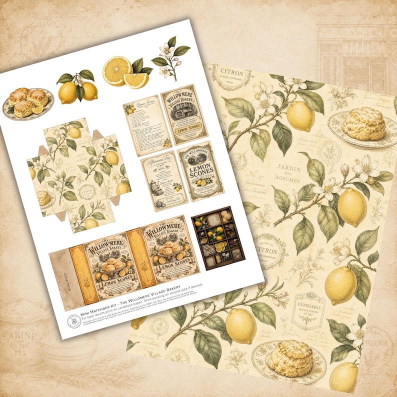 Lemon Scones printable matchbox kit featuring bakery recipe cards, vintage ephemera, decorative clipart, patterned papers, and collectible paper craft designs.