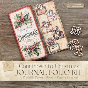 vintage Noël calendrier de l&#39;Avent folio à trois volets, kit imprimable de journal indésirable, album à faire soi-même, papiers numériques