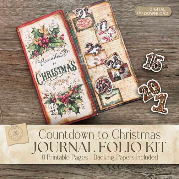 Vintage Christmas Advent Calendar Trifold Folio, Printable Junk Journal Kit,  DIY Scrapbook, Digital Papers