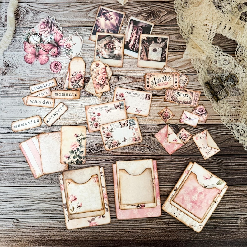 Digital printable dusty rose hidden paperclip kit featuring vintage-inspired designs for junk journals, scrapbooking, and paper crafts. Includes floral and shabby chic patterns in soft pink tones, ideal for creating hidden paperclip embellishments, tags, and decorative journal accents. High-resolution JPEG and PDF files for easy printing and cutting. Perfect for romantic, vintage, and shabby chic crafting themes.