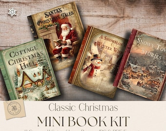 May include: A set of four miniature books featuring Christmas-themed covers titled Santa's Christmas Tales, Cottage Christmas Hill, A Snowman's Winter Wish, and Snowy Town Stories, displayed with a kit label indicating four covers and inner pages.