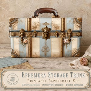 May include: A rectangular storage trunk featuring a light blue and cream striped pattern with floral motifs and script text. It has a dark brown handle, antique brass-colored metal latches, corner reinforcements, and vertical trim accents.