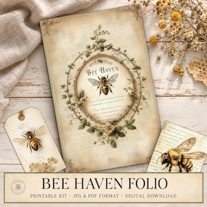 Printable Bee Haven Folio Kit – Vintage Honey Bee Journal Pages – Shabby Chic Digital Ephemera for Junk Journaling