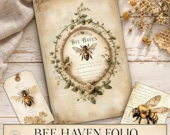 Printable Bee Haven Folio Kit – Vintage Honey Bee Journal Pages – Shabby Chic Digital Ephemera for Junk Journaling