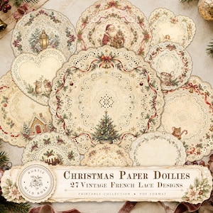 Könnte beinhalten: Eine Sammlung von 27 runden und herzförmigen Papierspitzendeckchen mit Vintage-Spitzenmustern und Weihnachtsmotiven wie dem Weihnachtsmann, einem geschmückten Baum, Mäusen und Lebkuchenhäusern mit dem Text Christmas Paper Doilies.