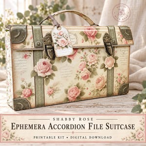 Vintage Shabby Rose Digital Accordion File Suitcase | Printable Ephemera Storage Folder with Inserts, Pockets | Junk Journal Organizer Kit