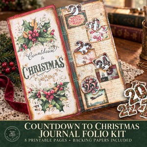 May include: A digital download Christmas journal folio kit. The open journal features a holly and berry design with the words "Countdown to Christmas." The journal includes numbered tags for December 21-25, plus additional tags. The kit includes 8 printable pages and backing papers.