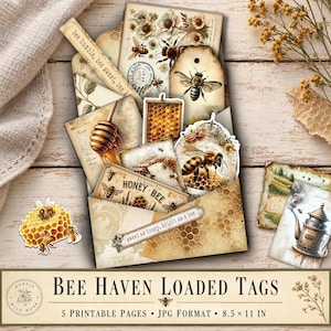 Bee Haven Loaded Tags – Vintage Honey Bee Printable Ephemera – Floral Junk Journal Tags – Digital Download for Crafts