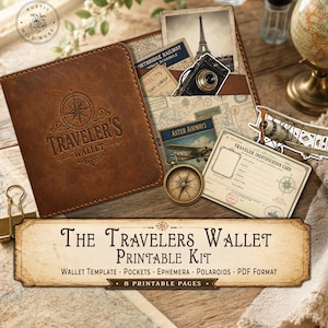 Traveler's Wallet Kit Printable, Travel Journal Wallet, Ephemera, Vintage Explorer Junk Journal, DIY Digital Download