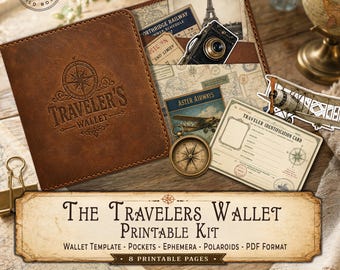 Traveler's Wallet Kit Printable, Travel Journal Wallet, Ephemera, Vintage Explorer Junk Journal, DIY Digital Download