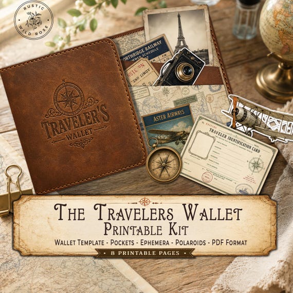 Traveler's Wallet Kit Printable, Travel Journal Wallet, Ephemera, Vintage Explorer Junk Journal, DIY Digital Download