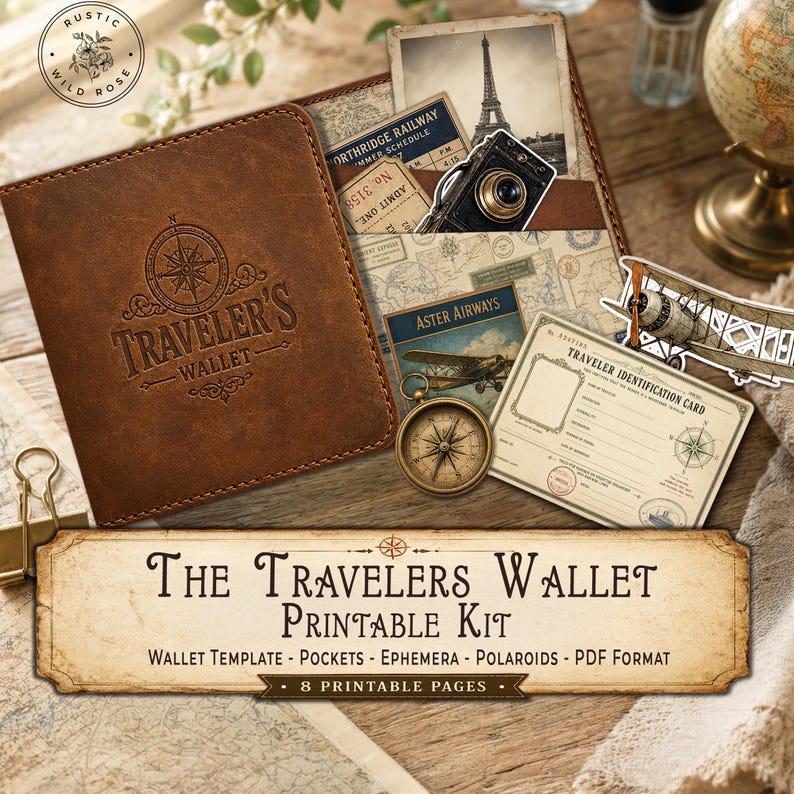 Printable vintage travel wallet kit with antique map ephemera and explorer-themed polaroids for journaling.