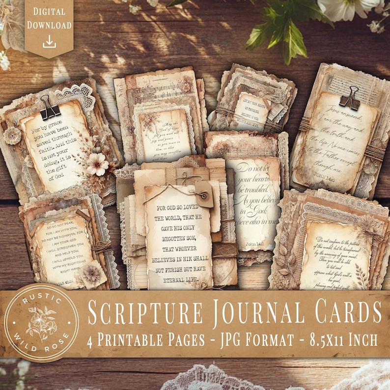 A set of printable layered scripture journal cards featuring vintage-style ephemera with faith-inspired designs. Each card includes elegant floral backgrounds, aged paper textures, delicate lace details, and handwritten scripture passages in ornate fonts. Soft pastel hues of blush, beige, and sage add a timeless, devotional touch. Perfect for junk journaling, scrapbooking, and Bible journaling, these printable scripture cards bring inspiration and beauty to creative projects.