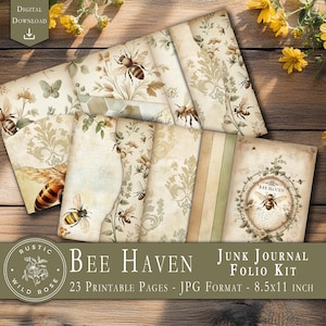 Kit de journal numérique indésirable pour le printemps, Bee Haven Folio, fleurs éphémères vintage, scrapbooking imprimable, créations en papier jardin, Cottagecore DIY à télécharger