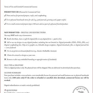 May include: A document titled "Terms of Use" with detailed usage guidelines. The text is black on a cream background, outlining permitted and prohibited uses, including commercial licenses. A circular logo with the words "Rustic Wild Rose" is at the bottom.
