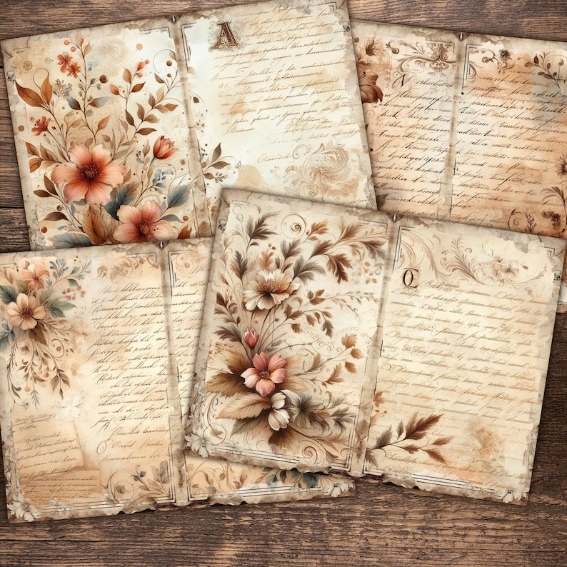 Printable Floral Script Junk Journal Kit – Vintage Botanical Pages ...