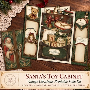 May include: A Christmas-themed printable folio kit titled Santa's Toy Cabinet, featuring a folding paper cabinet with pockets, journaling cards, and illustrations of a teddy bear, a nutcracker, a rocking horse, alphabet blocks, and Santa Claus.