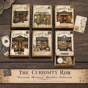 Kit imprimible de la colección de cajas de cerillas Curiosity Row, cajas miniatura de comerciantes victorianos, efímeros para diarios creativos, manualidades con papel.