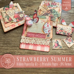 Strawberry Summer Hidden Paperclip Kit – Vintage Printable Ephemera, Junk Journal, Scrapbook, Tags, Tickets, Fussy Cuts, Cottagecore