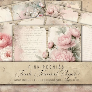Pink Peonies Junk Journal Pages: Vintage Floral Designs (Digital Printable)