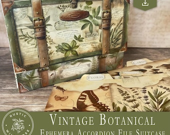 Botanical Digital Accordion File Suitcase | Printable Ephemera Storage Folder Pockets, Inserts, Junk Journal Folio, Organizer