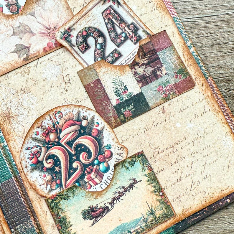 Digital printable Countdown to Christmas trifold folio with a vintage holiday design, featuring three folding panels, decorative pockets, envelopes, and tuck spots. Includes numbered tags 1–25 for advent countdown use, distressed backgrounds with holly, poinsettias, and snowflakes. Perfect for junk journaling, scrapbooking, advent activities, and DIY holiday crafts. Print, cut, and assemble at home for a festive keepsake.