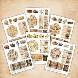 Complete printable collection showing six vintage bakery matchbox kits with Butter Croissants, Strawberry Tart, Cinnamon Rolls, Blueberry Muffins, Lemon Scones, and Cherry Hand Pies designs.