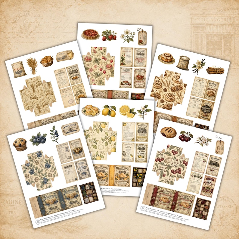 Complete printable collection showing six vintage bakery matchbox kits with Butter Croissants, Strawberry Tart, Cinnamon Rolls, Blueberry Muffins, Lemon Scones, and Cherry Hand Pies designs.