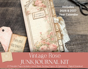 Vintage Rose Junk Journal Kit | Printable Pages and Ephemera | Digital Download for Scrapbooking and Creative Planning