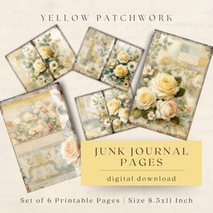 Yellow Patchwork Junk Journal Pages – Printable Vintage Quilt Paper – Shabby Chic Digital Download for Scrapbooking Crafts