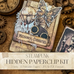 May include: Steampunk-themed paperclip kit featuring a vintage design. The kit includes printable pages with a hot air balloon, butterfly, and goggles. The words "Mechanical Curiosities" are displayed on a banner. The kit is available in JPG and PDF formats.