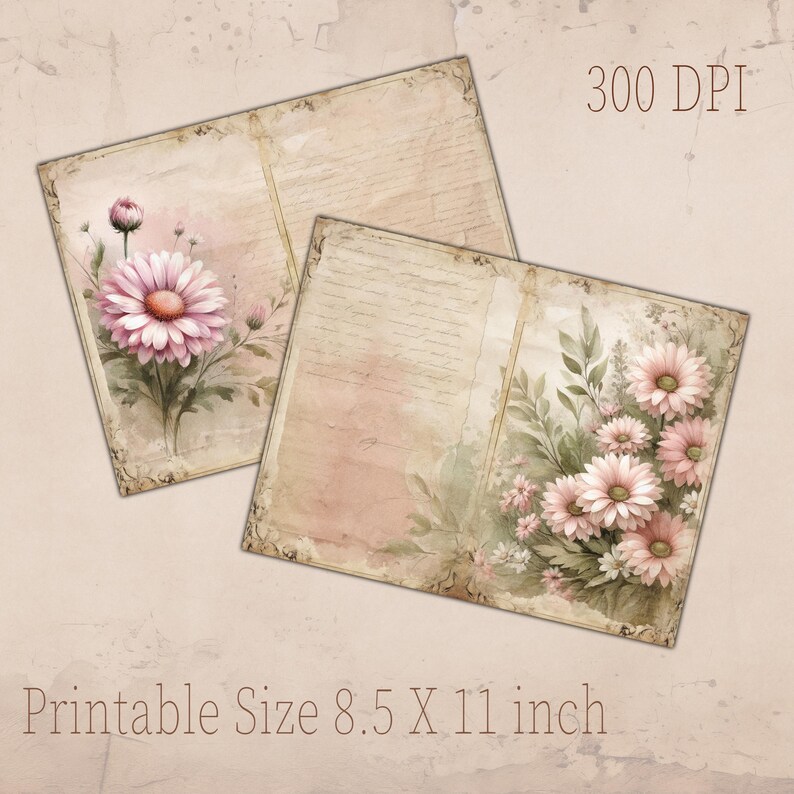 Pink Daisy Junk Journal Pages | Vintage Floral Scrapbook Paper (digital ...