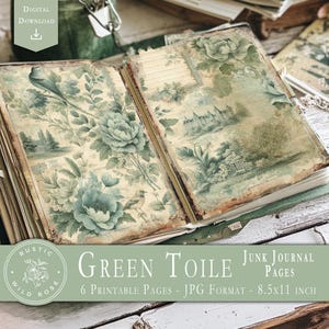 Pagine digitali di Junk Journal, tela verde francese, effimeri vintage, fogli di collage stampabili, carta rustica per scrapbooking, artigianato fai da te