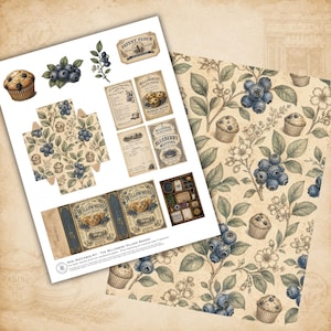 Blueberry Muffins printable matchbox kit with vintage bakery recipe cards, collectible ephemera, decorative clipart, patterned papers, and paper crafting elements.
