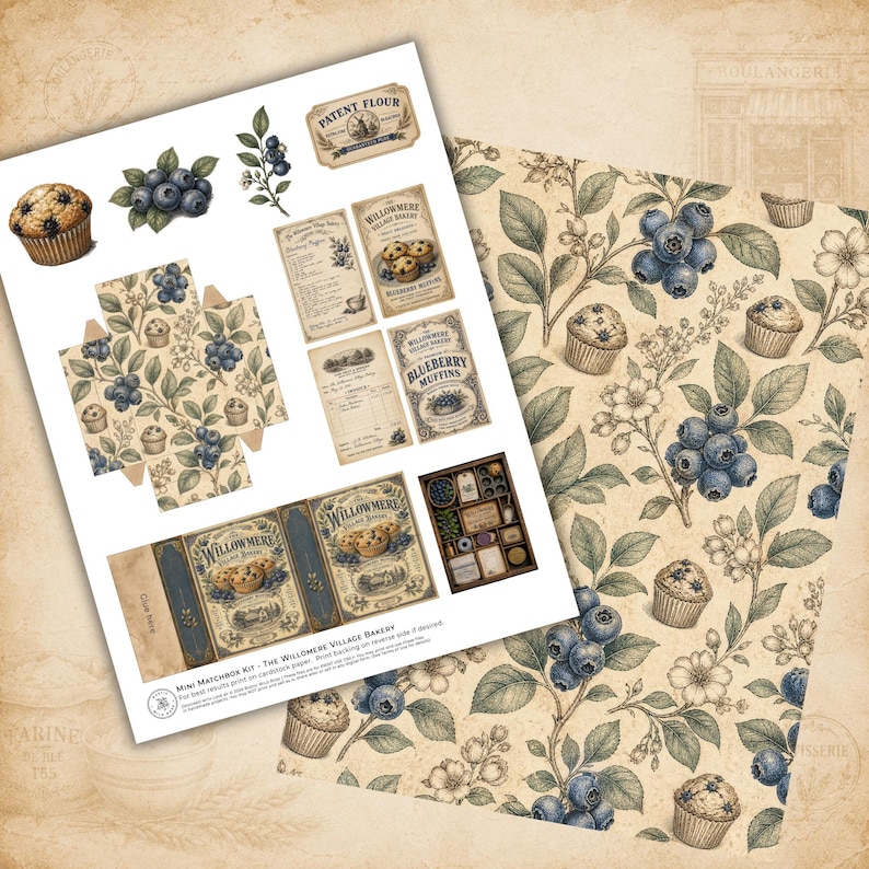 Blueberry Muffins printable matchbox kit with vintage bakery recipe cards, collectible ephemera, decorative clipart, patterned papers, and paper crafting elements.