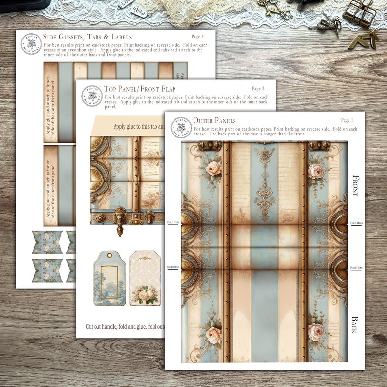 Printable French Country ephemera accordion storage suitcase kit in dusty blue, cream, and blush tones. Includes vintage-inspired suitcase panels, six coordinating folder inserts with toile, damask, and floral designs, matching backing paper, six small pockets, six elegant tags, and three luggage tags. Perfect for organizing and storing journaling supplies, scrapbooking materials, tickets, and keepsakes in a romantic French country style. Digital download for crafting.