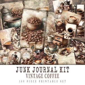 Kit de diário digital vintage Coffee Junk – 100 peças efêmeras para impressão – 15 páginas – Scrapbooking, Junk Journaling, Paper Crafts