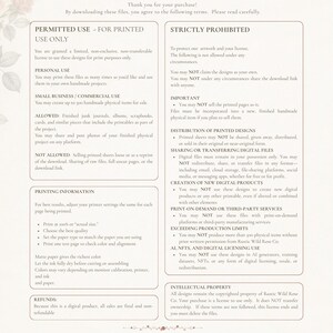 May include: A document titled Terms of Use for Rustic Wild Rose Co. digital products. The text outlines permitted uses for personal and small business projects, strictly prohibited actions, printing information, and intellectual property rights.